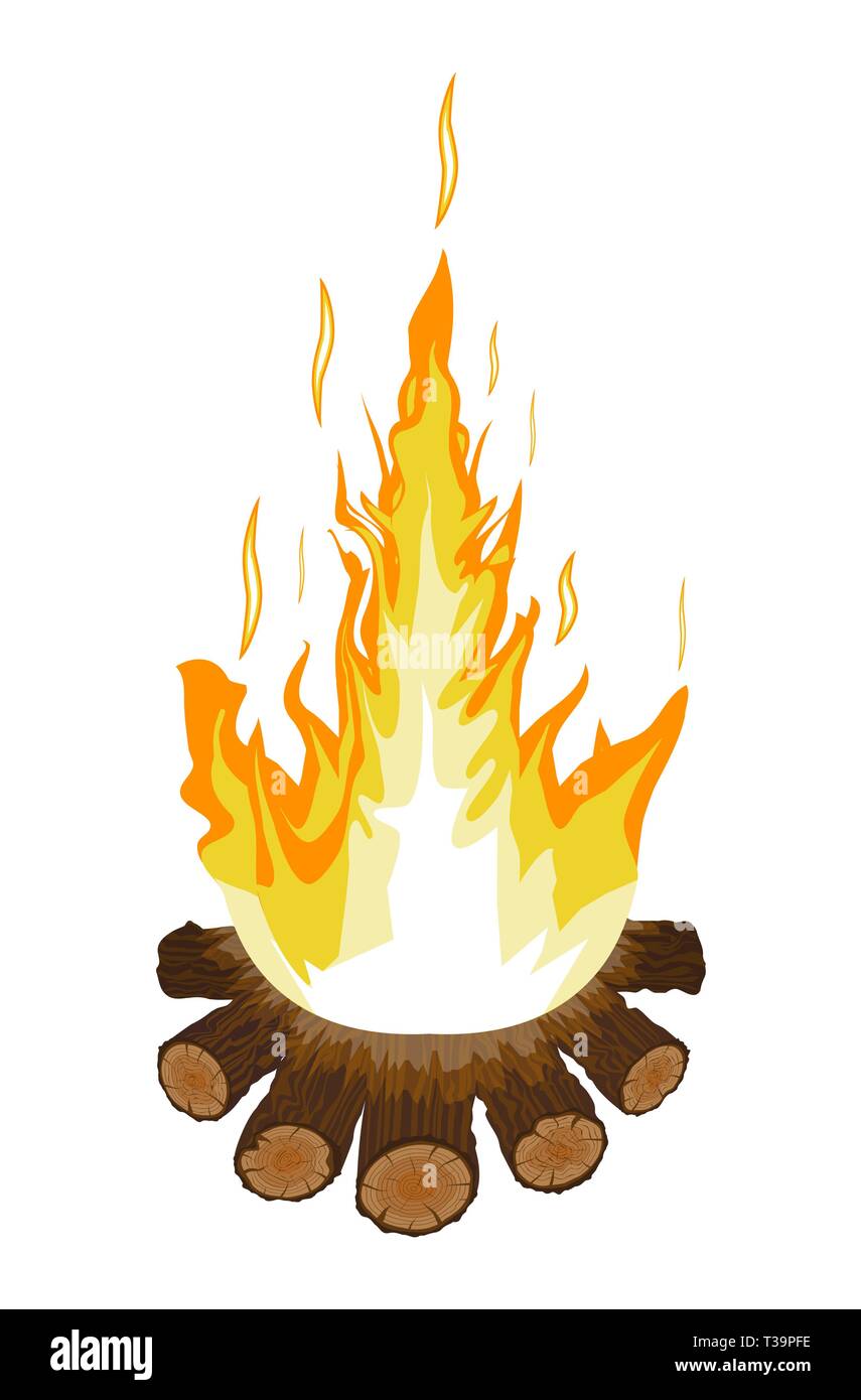 Burning bonfire or campfire. Logs and fire. Vector illustration in flat style Stock Vector