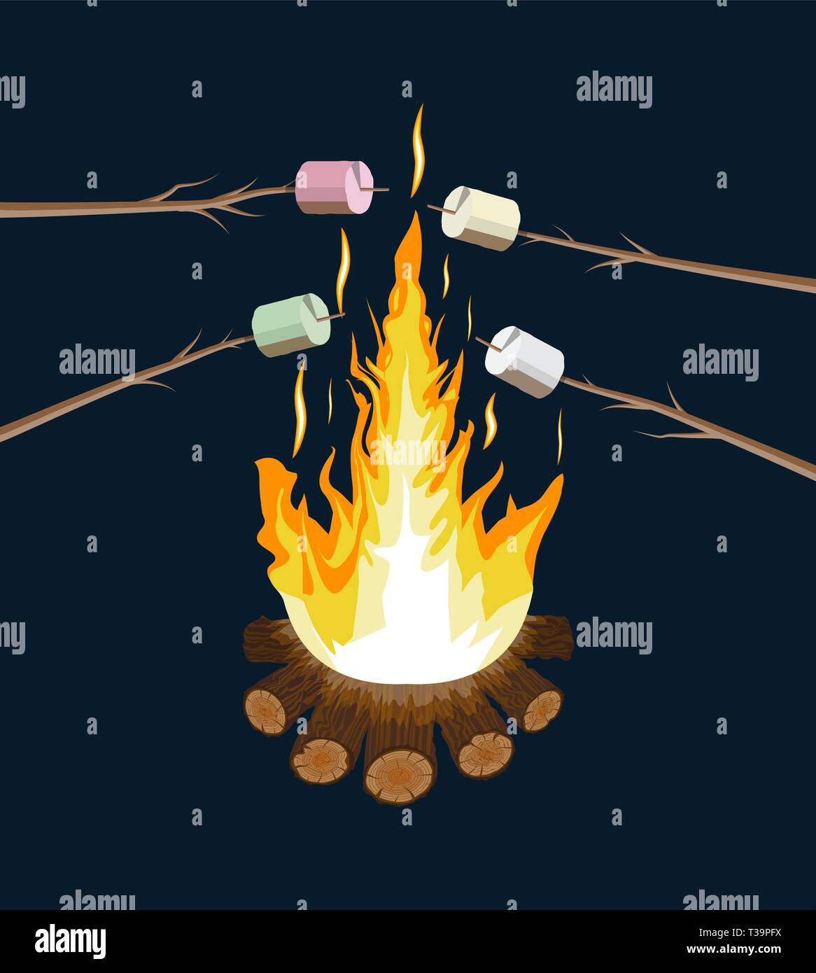 Bonfire with marshmallow. Logs and fire. Camping, burning woodpile in night. Vector illustration in flat style Stock Vector