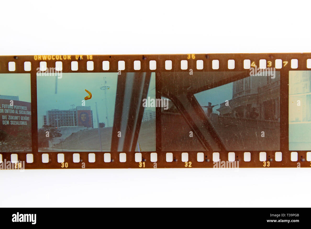 35mm negative filmstrip with negative pictures of Cuba during 1970s, isolated on a white background Stock Photo