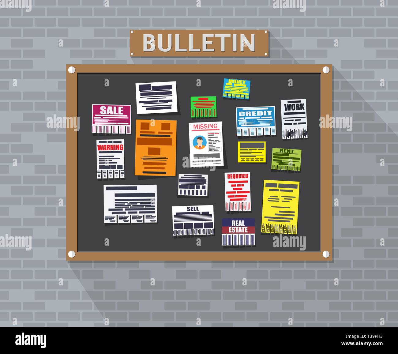 Various tear off papers ad on bulletin board on brick wall