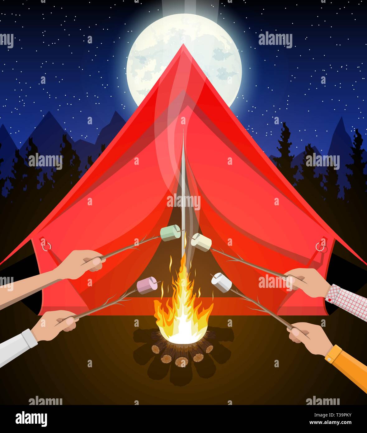 Bonfire with marshmallow. Logs and fire. Tent, forest, moon, sky. Camping, burning woodpile in night. Vector illustration in flat style Stock Vector