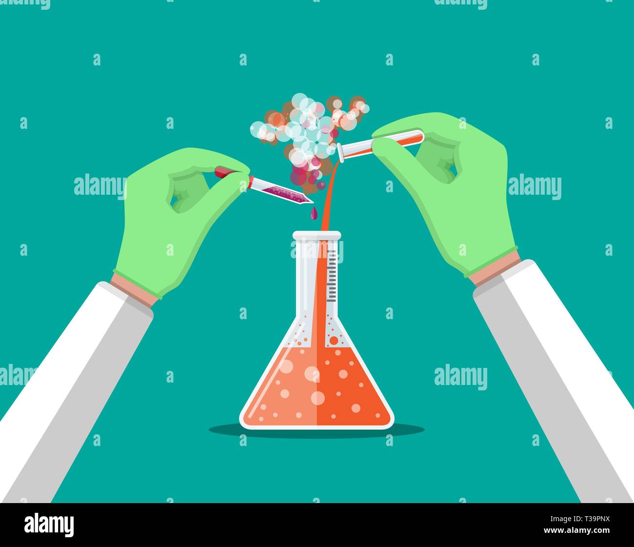 Laboratory worker holding glass tube and pipette. Biology science