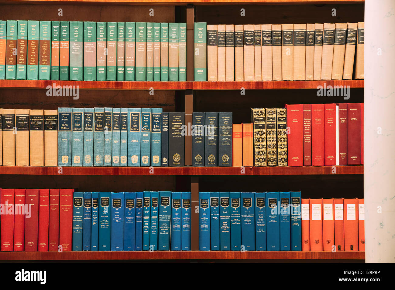 Helsinki, Finland. Aged Ancient Antique Old Vintage Books On A Shelfs In National Library. Stock Photo