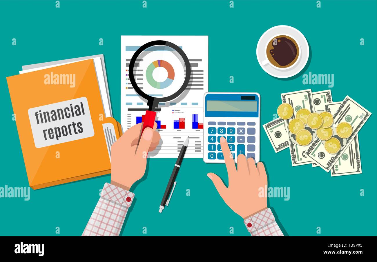 Hand with magnifying glass and calculator, analysis of financial report ...