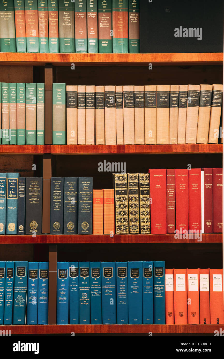 Helsinki, Finland. Aged Ancient Antique Old Vintage Books On A Shelfs In National Library. Stock Photo