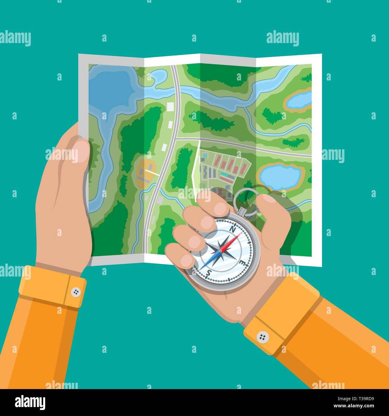 Folded paper city suburban map and compass in hands. Abstract generic