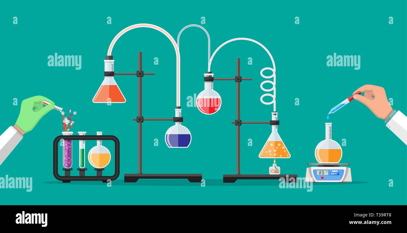Laboratory workers holding glass tube and pipette. Biology science