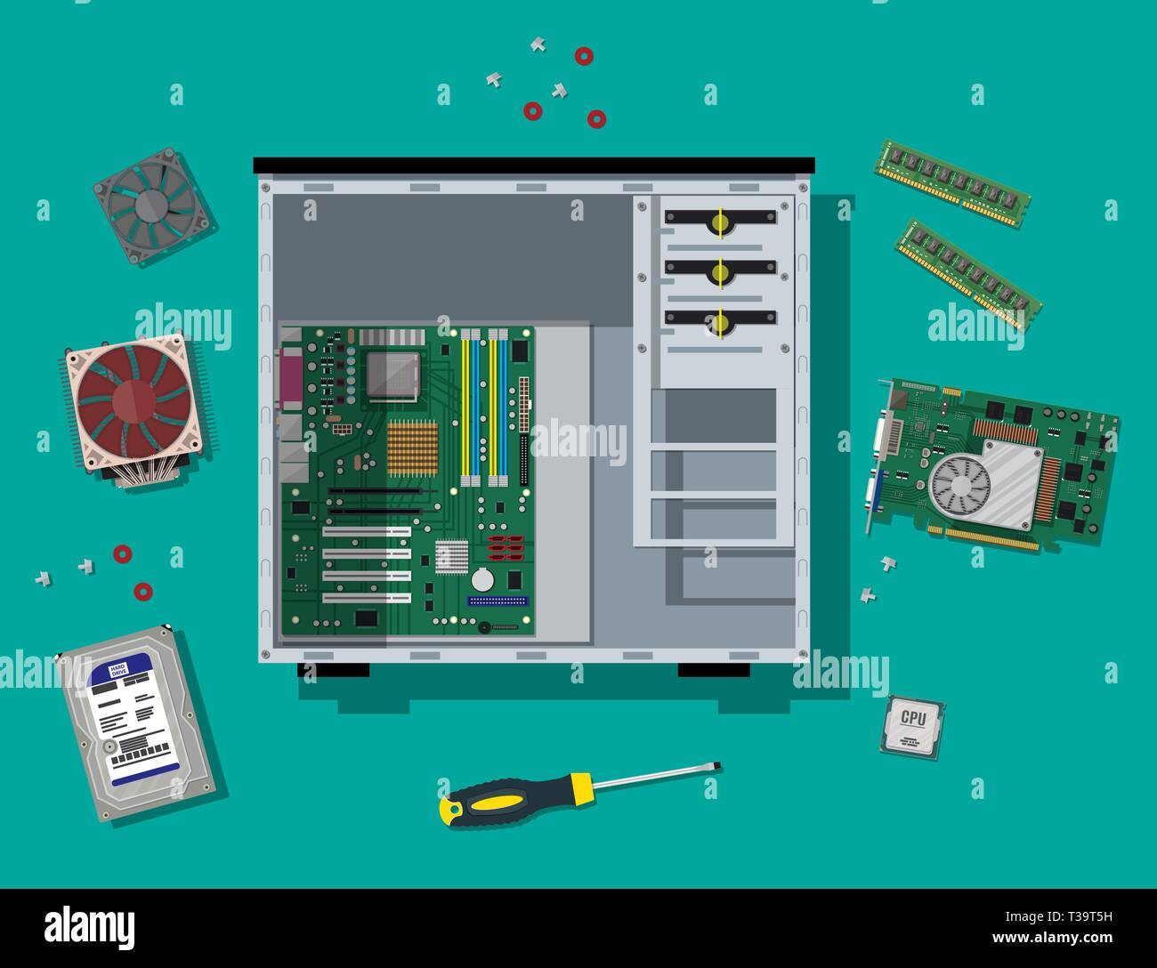 Motherboard, hard drive, cpu, fan, graphic card, memory, screwdriver and  case. Assembling PC. Personal computer hardware. Vector illustration in  flat Stock Vector Image & Art - Alamy