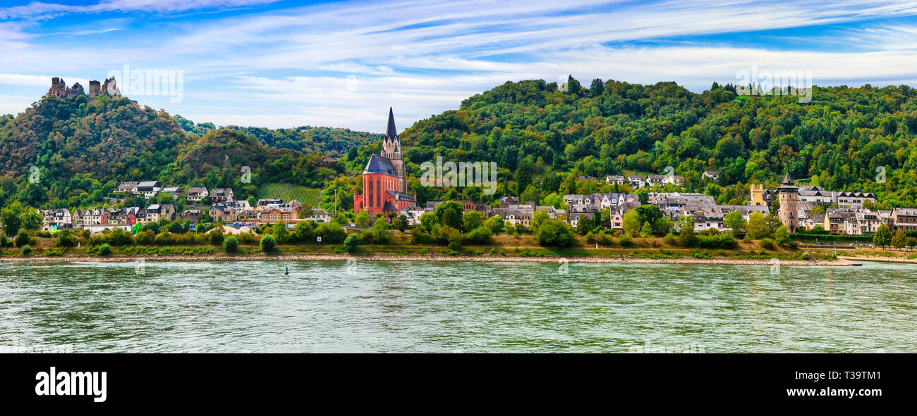 Impressive Rhine river,view with mountains,old cathedral and houses.Germany. Stock Photo