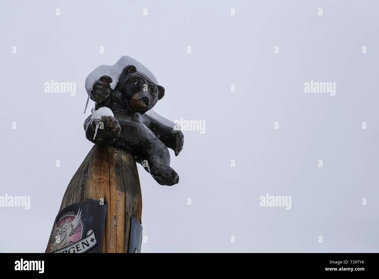 Grizzly's bar wood carvings, Tignes Le Lac/ Tignes 2100, France Stock Photo