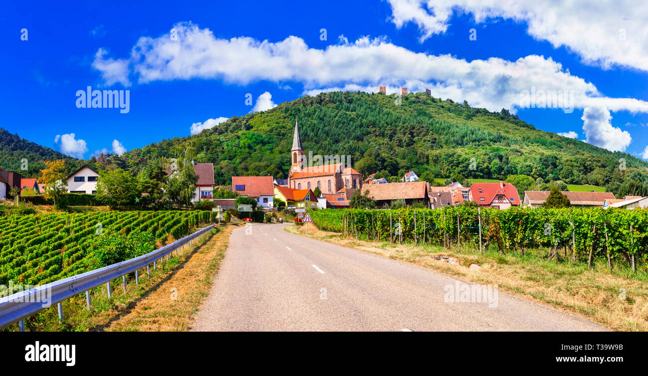 Impressive Riquewihr village,view with vineyards and houses,Alsace,France. Stock Photo