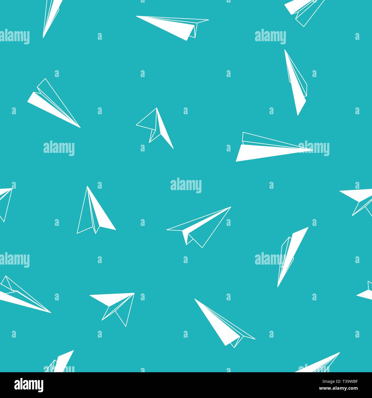 Paper planes seamless pattern. Blue background with different views of paper planes. Stock Vector