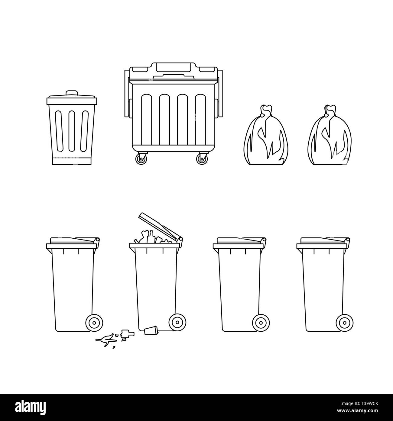 Line drawings of trash cans and dumpsters. Garbage removal line illustration. Stock Vector