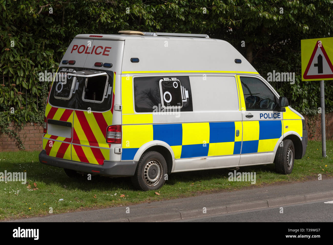 . April 2019. Police van parked on a grass verge with  a rear camera checking for speeding motorists Stock Photo
