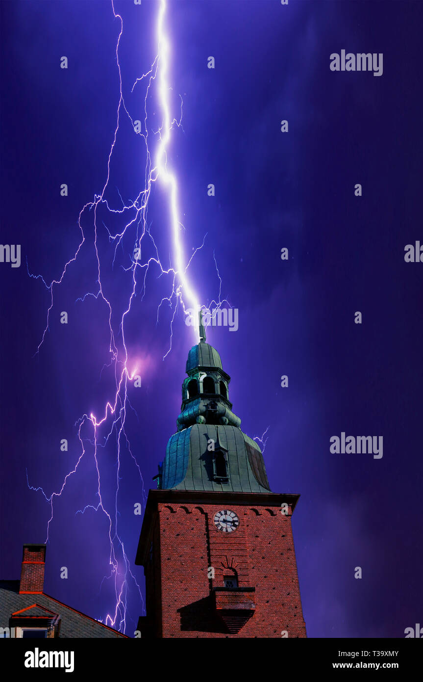 Lightning struck tower Stock Photo