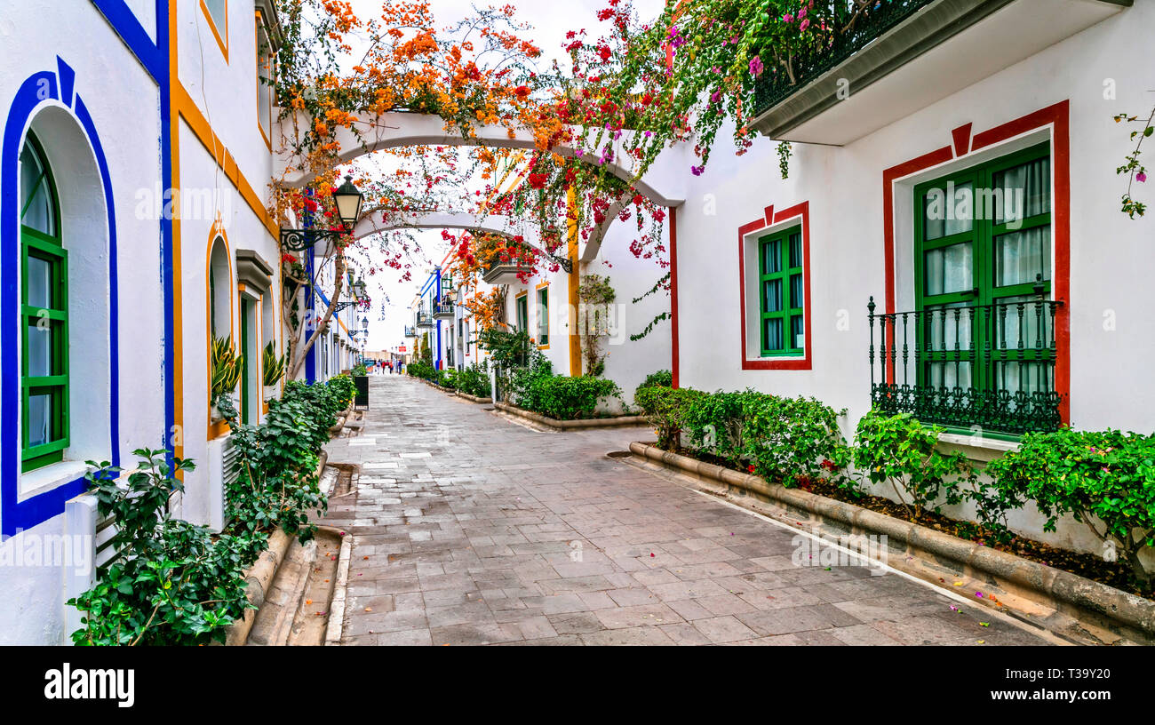 Old strreets of Puerto de Mogan,view with traditional houses and flowers,Gran Canaria,Spain. Stock Photo