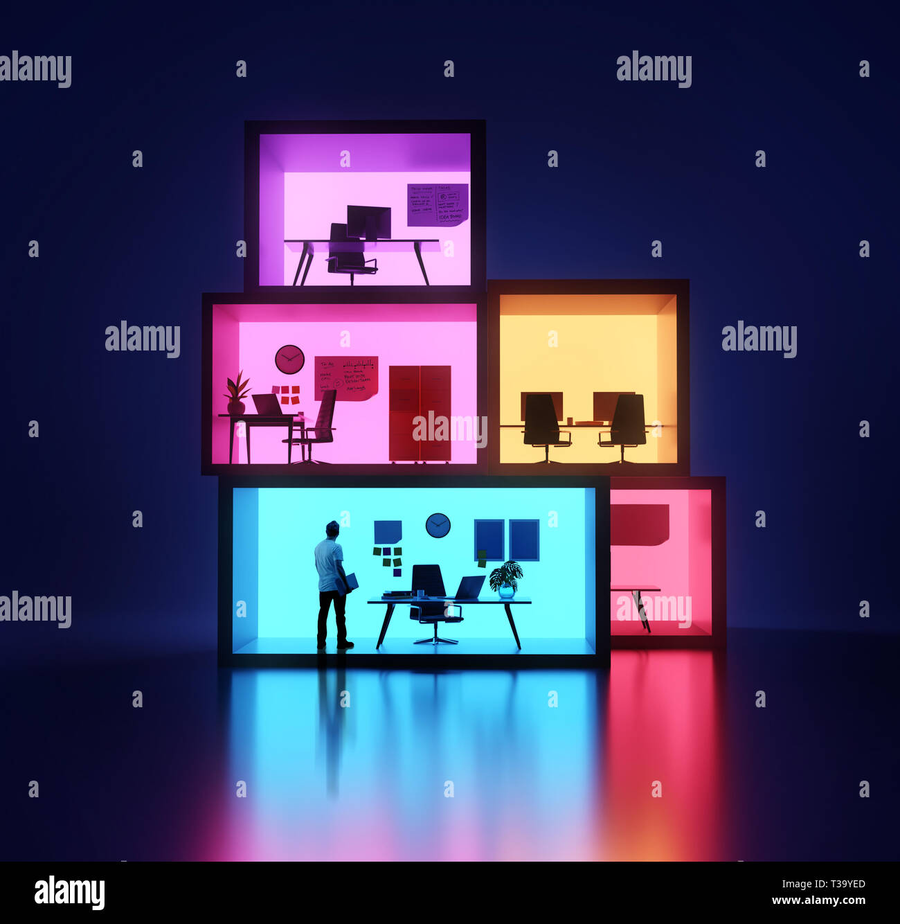 A businessman inside an office - Stacked and luminous office workplaces. Workplace 3D illustration. Stock Photo