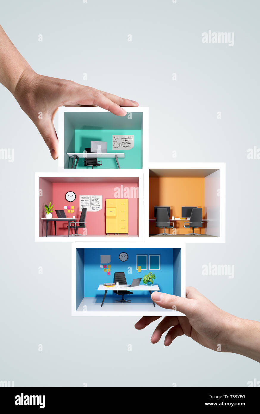 People holding miniature office places of work. Changing jobs and roles, business and work space concept. 3D illustration. Stock Photo