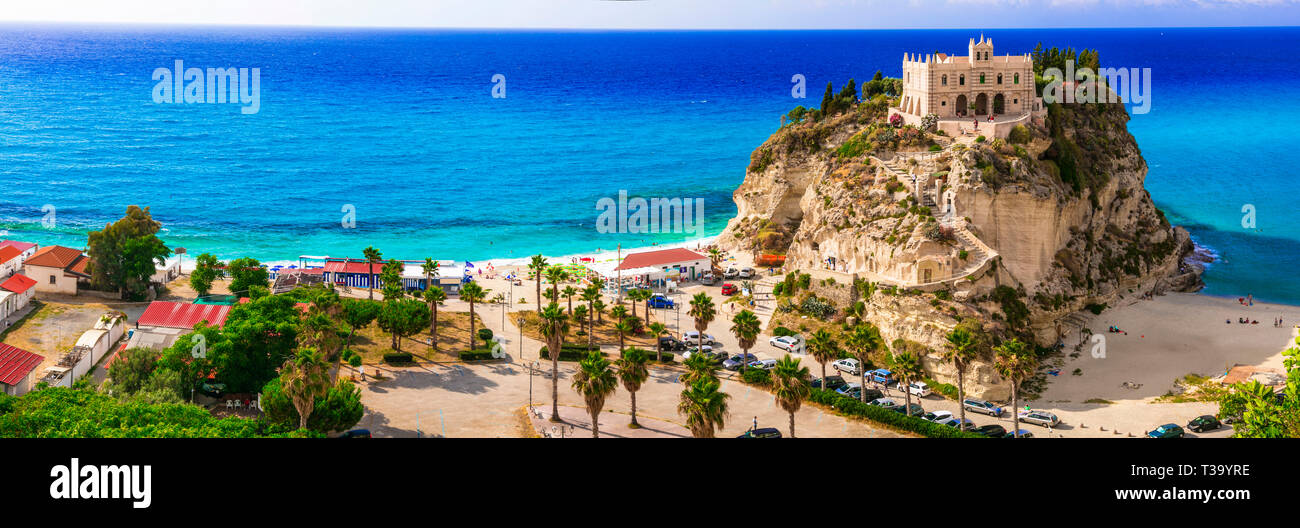 Turquoise sea and old church in Tropea,Calabria, Italy Stock Photo