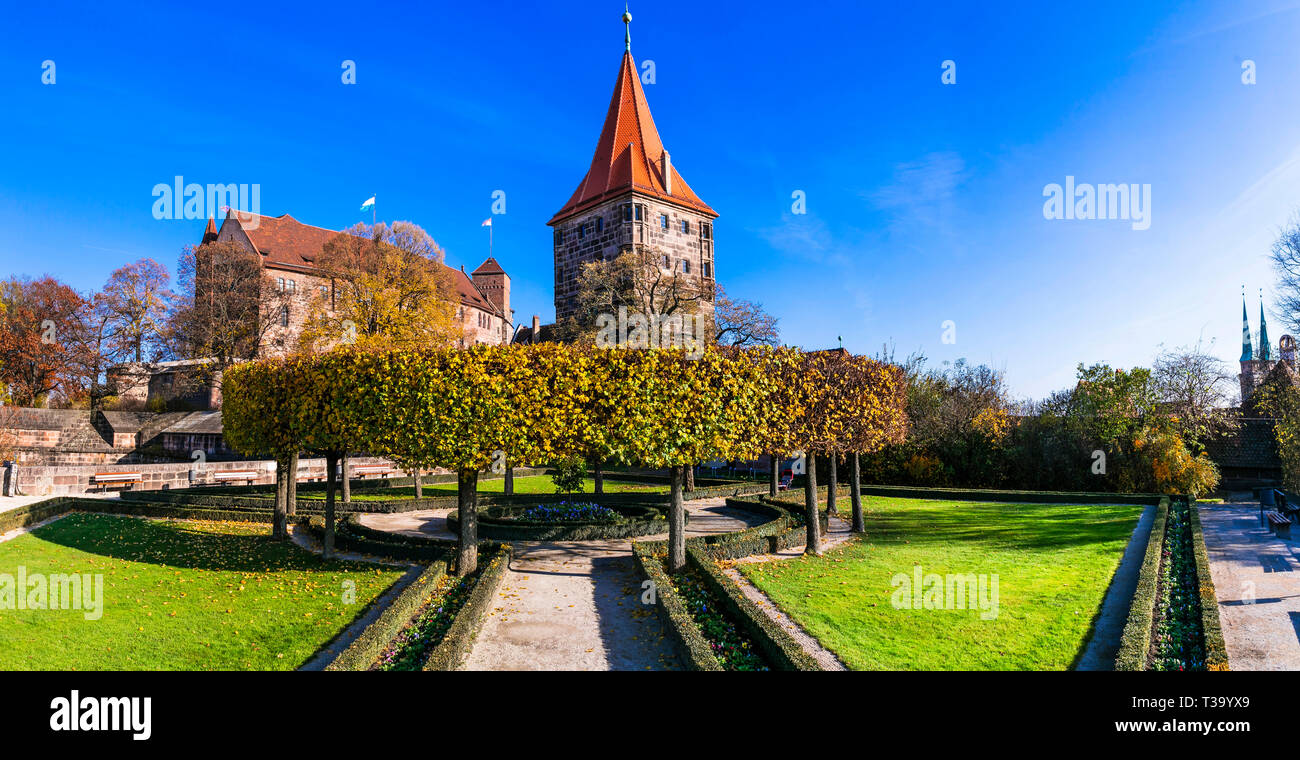 Landmarks of Bavaria - Nuremberg old town, view with castle Kaiserburg Stock Photo