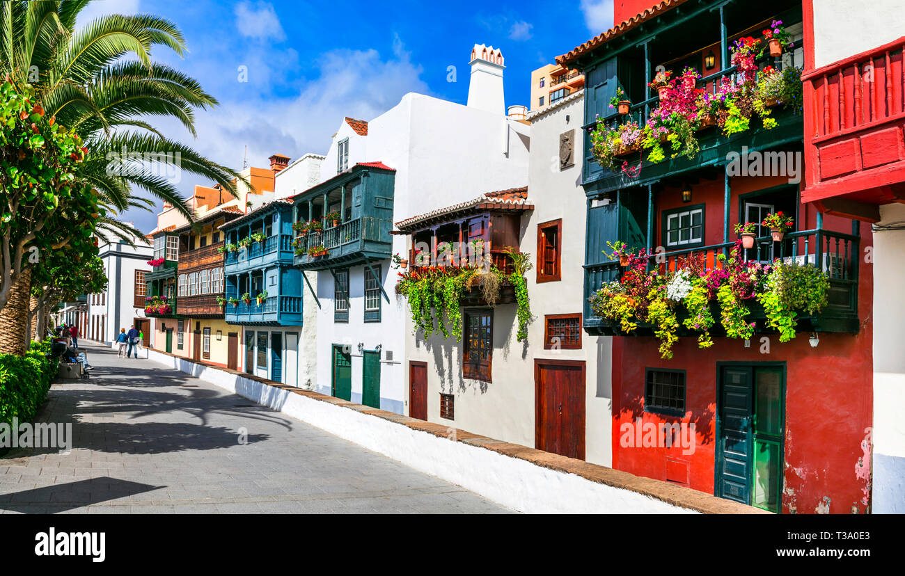 Traditional colorful balconies in Santa Cruz de La Palma,Spain. Stock Photo