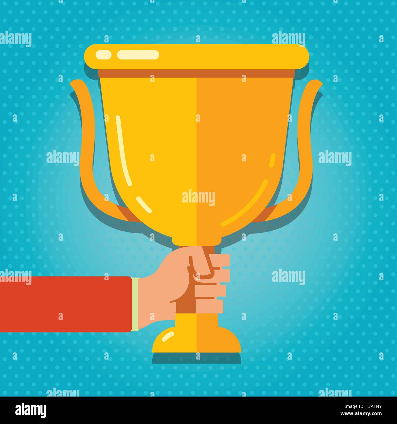 Hand Holding Blank Golden Championship Winners Cup Trophy with Reflection Copy Space design Empty template text for Ad, promotion, poster, flyer, web  Stock Vector