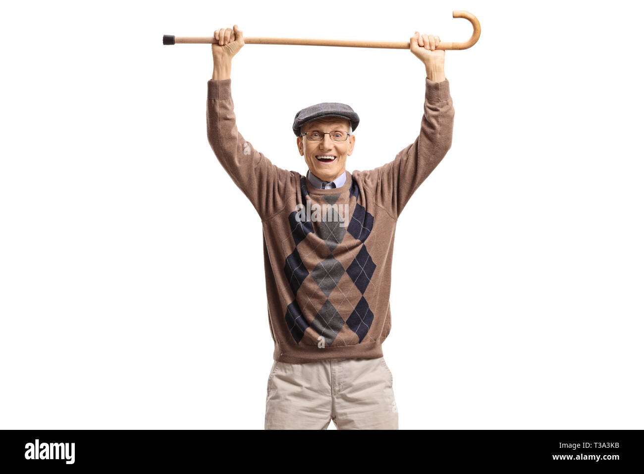 Happy senior man holding a walking cane up isolated on white background Stock Photo