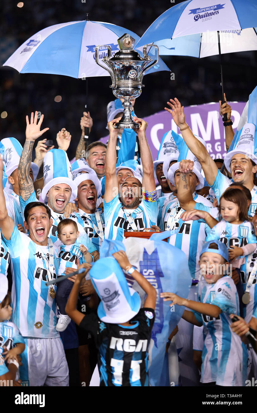 Buenos Aires, Argentina - April 07, 2019: Lisandro Lopez (Racing) rising the Superliga Cup 2019 with his teammates in the Juan Domingo Peron Stadium i Stock Photo