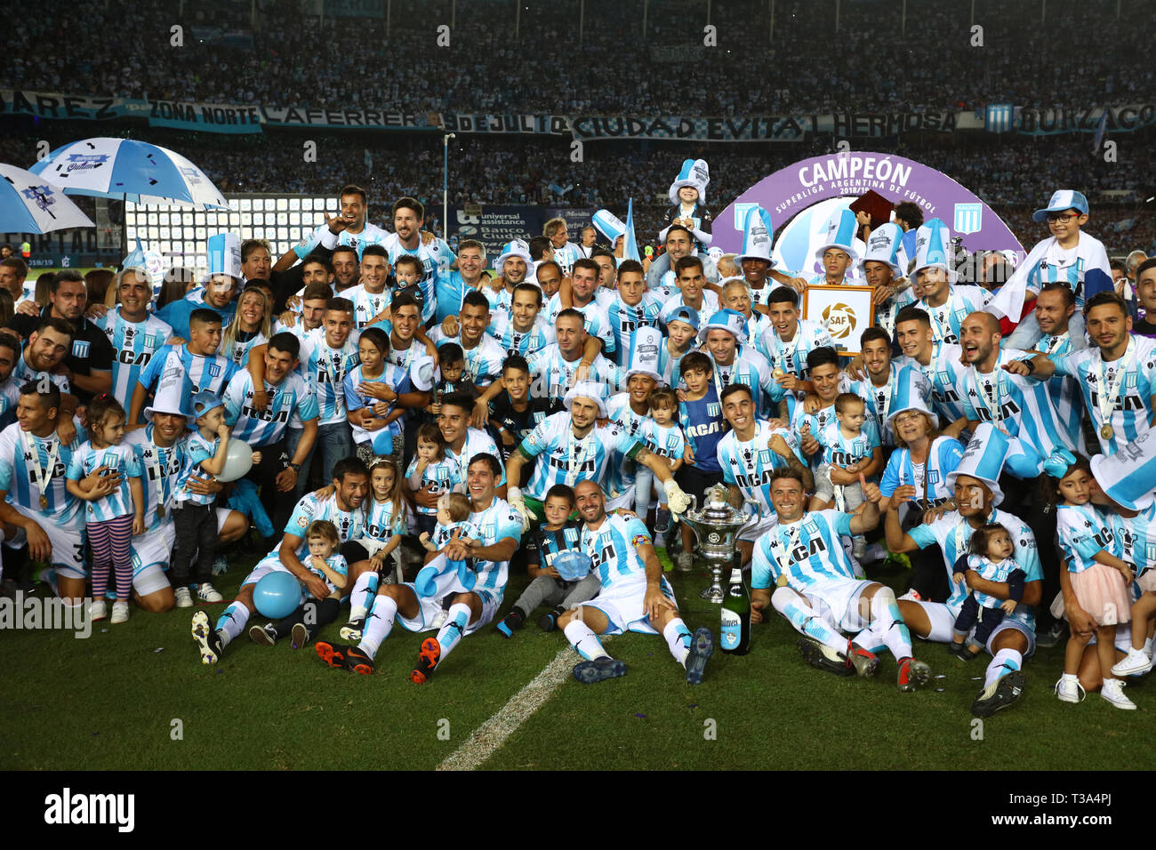 Buenos Aires, Argentina - April 07, 2019: Racing Formation with the Superliga Cup 2019 with his teammates in the Juan Domingo Peron Stadium in Buenos  Stock Photo
