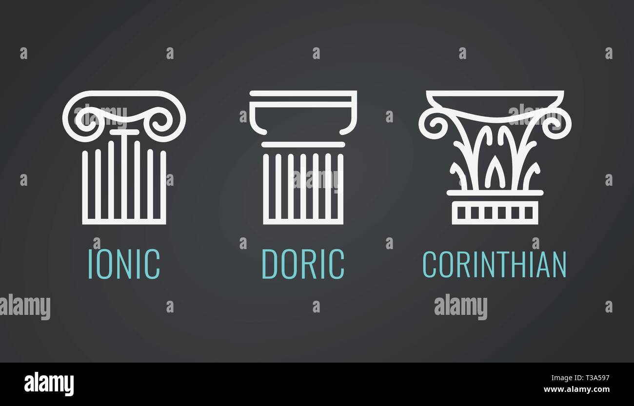 Ionic, Doric and Corinthian icons in lineart style on dark background. Vector set of Greek columns in EPS10. Stock Vector