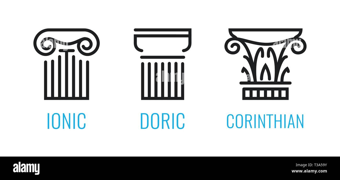 Ionic orders of ancient Greece. Ionic, Dorian, Corintian column lineart shapes isolated on white background. Vector icons in EPS10 for Architecture an Stock Vector