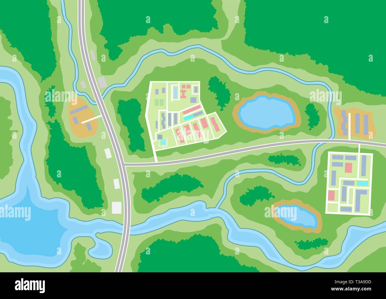 Abstract generic suburban city map with roads, buildings, parks, river