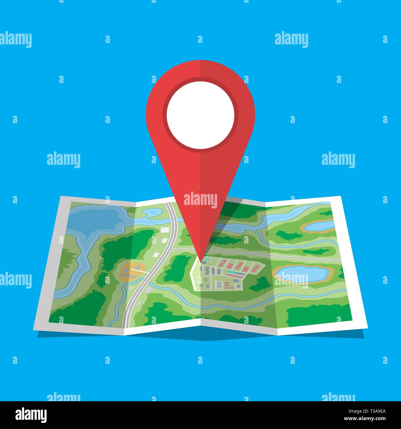 Folded paper city suburban map. Abstract generic map with roads