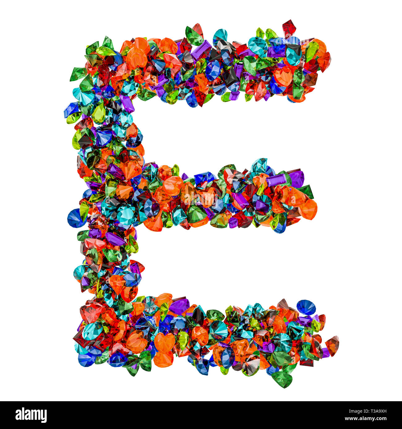 Letter E from colored gemstones. 3D rendering isolated on white background Stock Photo
