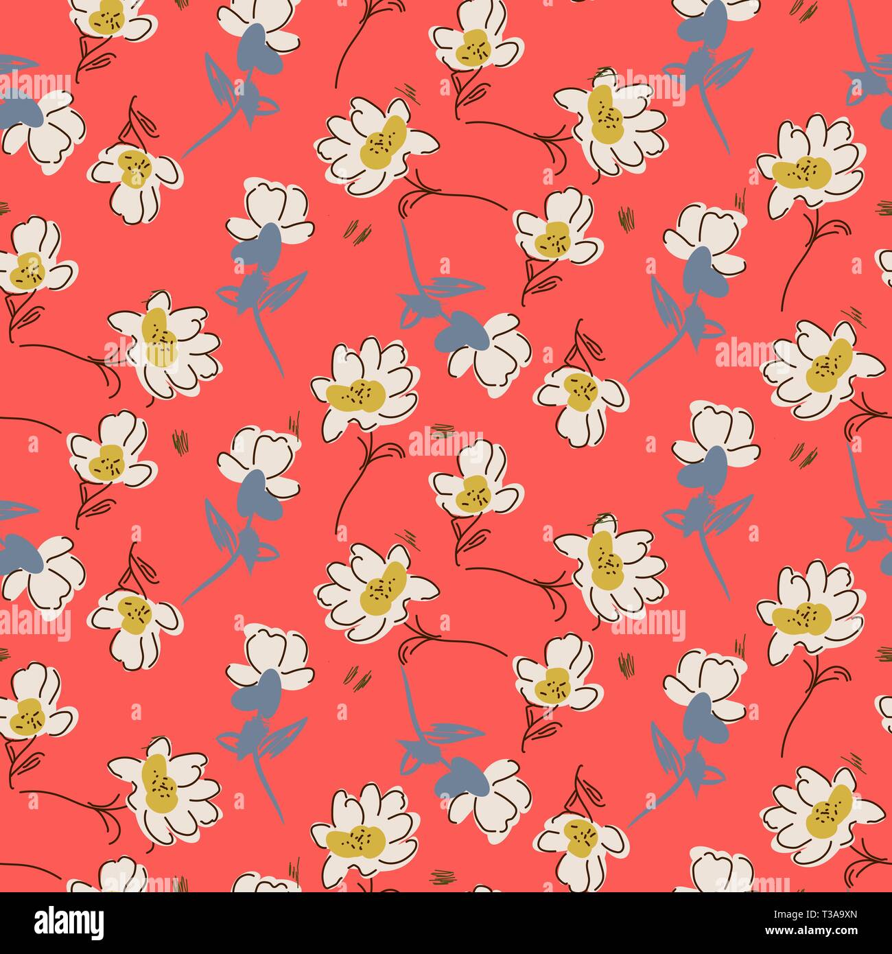 Hand drawn flowers bright colors seamless vector pattern. Stock Vector