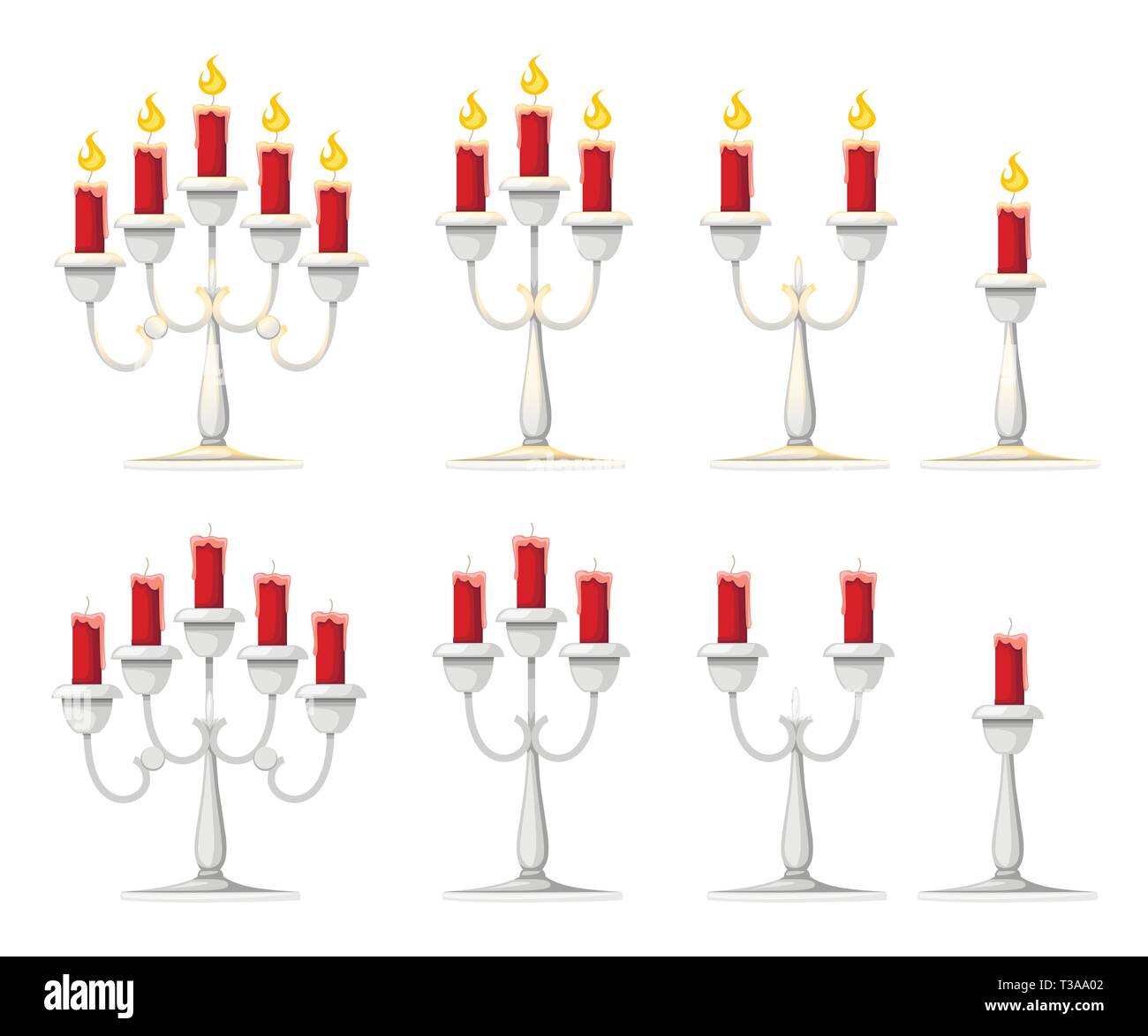 Candles in candlesticks set. Silver candelabra with red burning candles. Flat vector illustration isolated on white background. Stock Vector