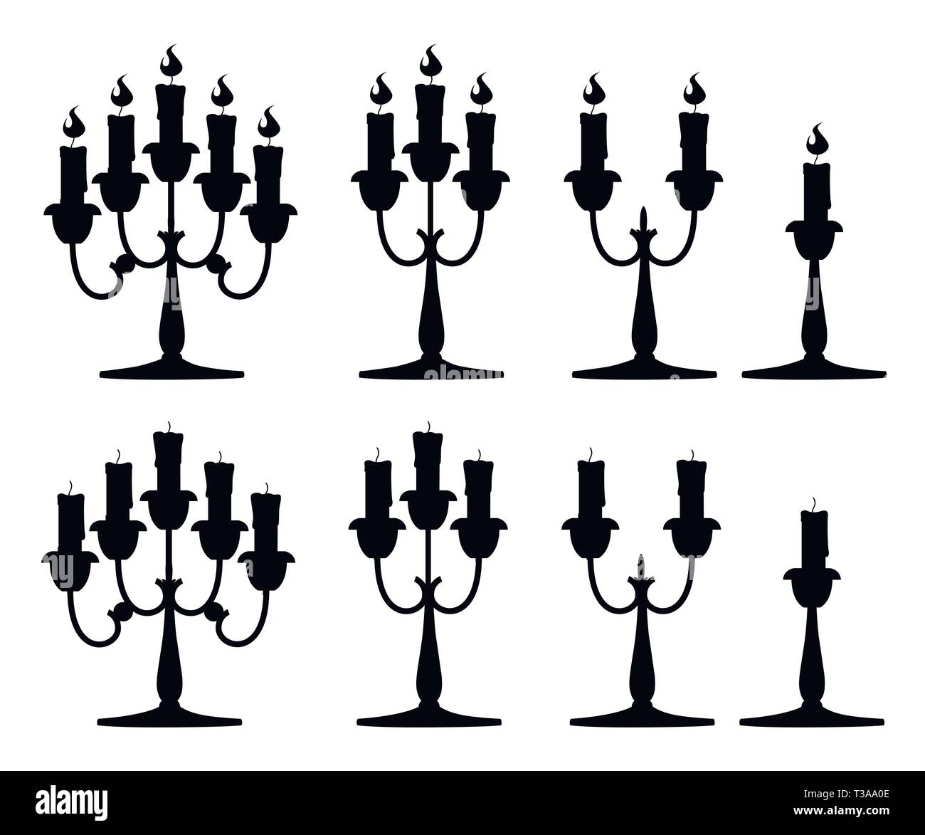 Black silhouette. Candles in candlesticks set. Silver candelabra with