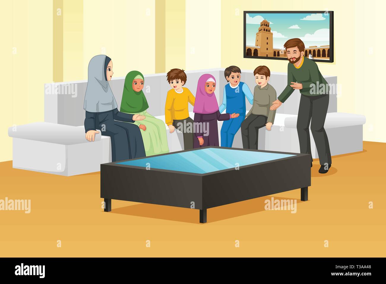 A vector illustration of Happy Muslim Family at Home Stock Vector