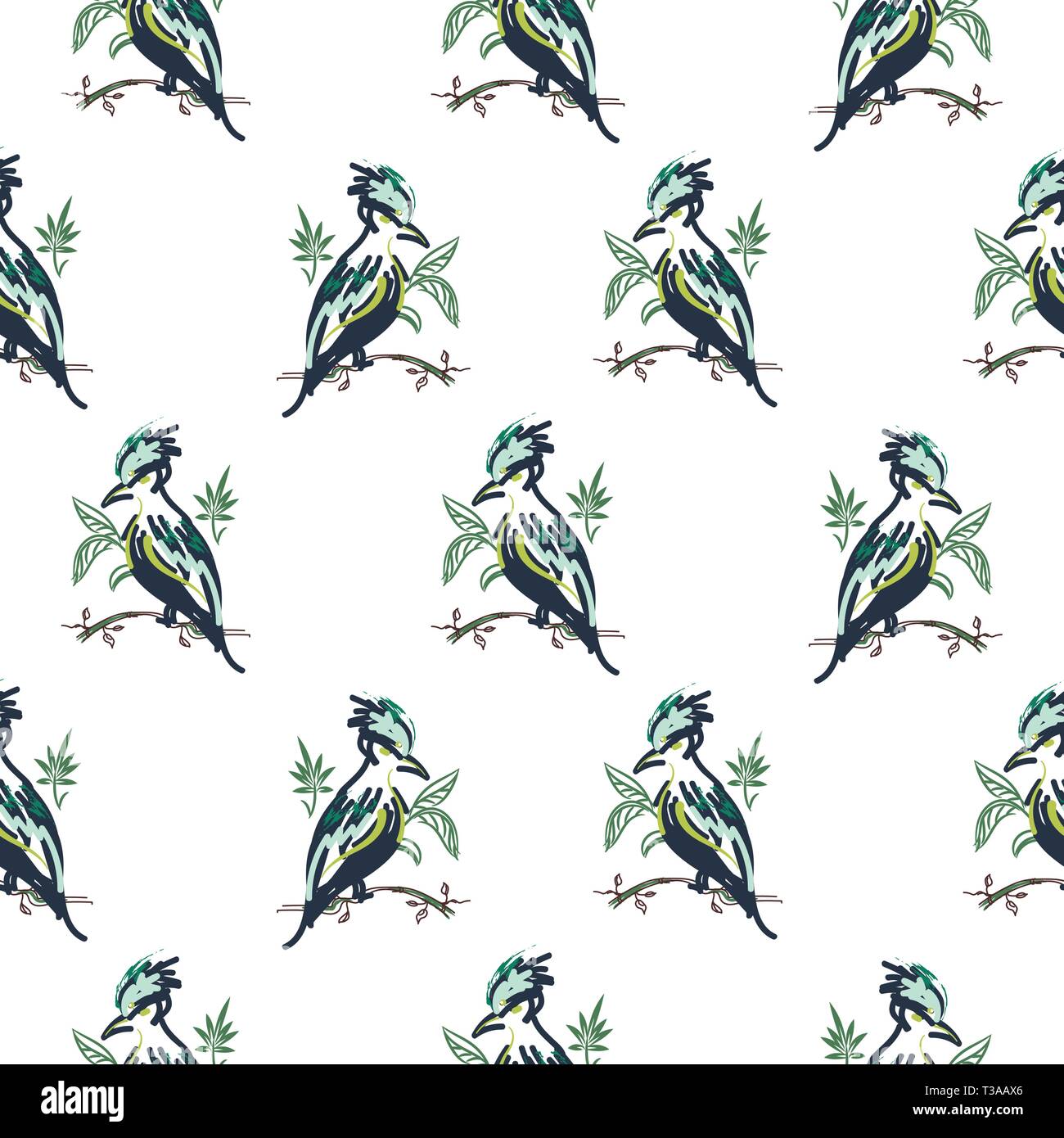 Exotic hand drawn cute birds seamless vector pattern white background. Stock Vector