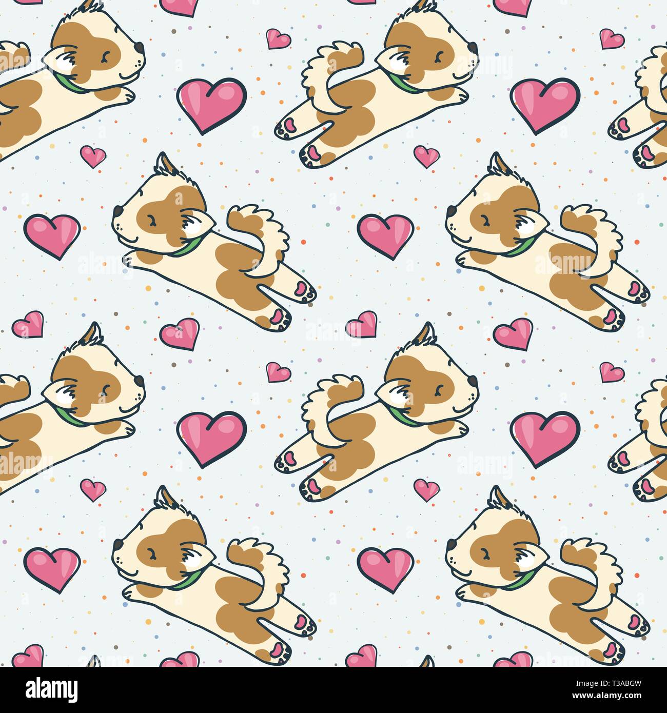 Seamless doodle pattern with cute elements. Endless vector image. Kawaii dog in love Stock Vector