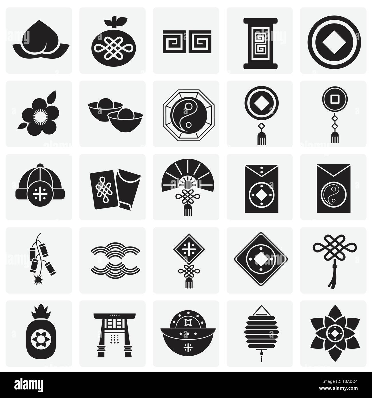 Chinese new year related icons set on squares background for graphic and web design. Simple vector sign. Internet concept symbol for website button or Stock Vector
