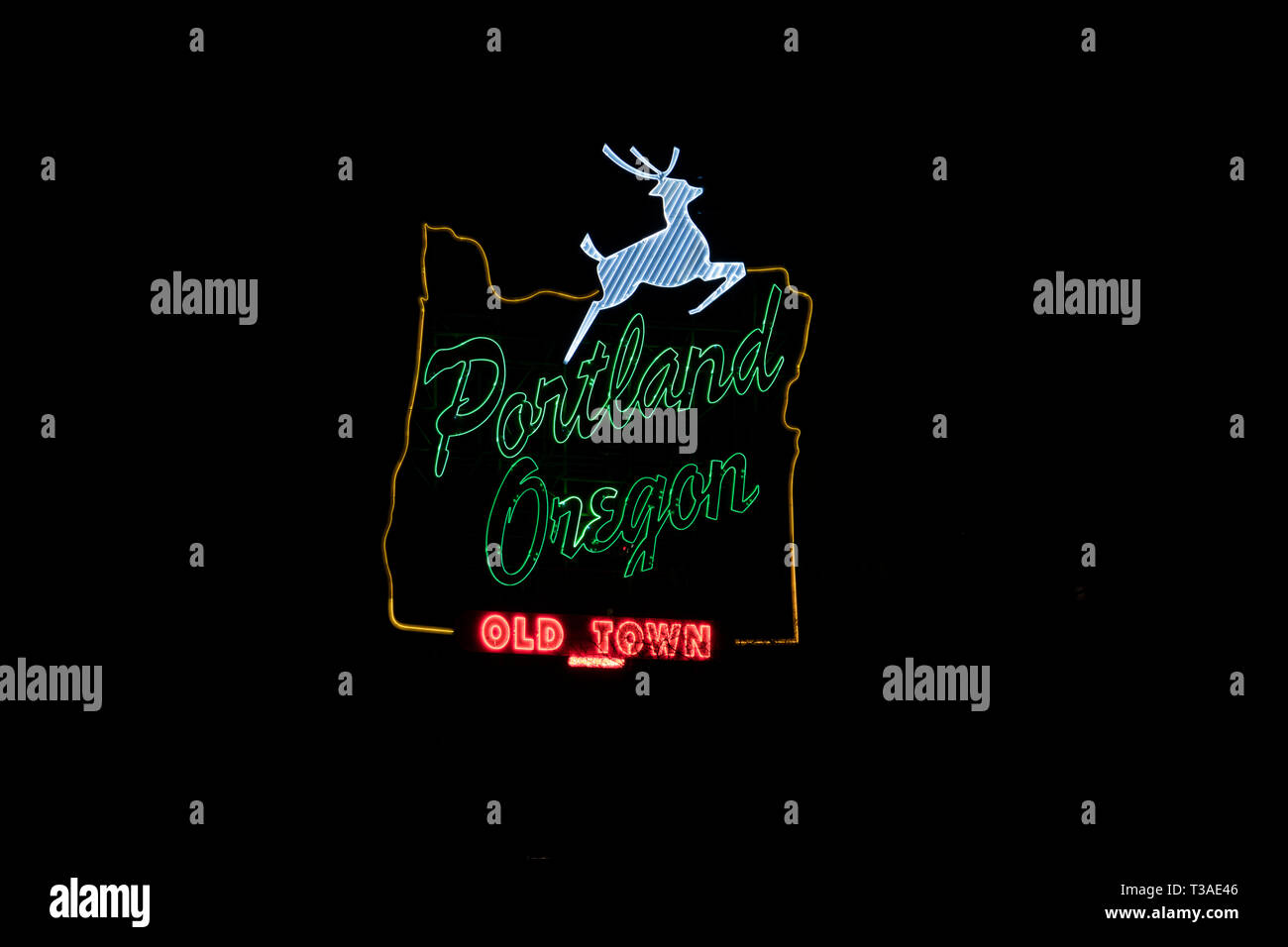 Portland, Oregon white stag sign in downtown at night with copy space Stock Photo