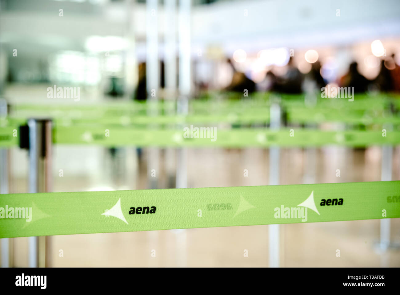 Valencia, Spain - March 8, 2019: Tapes to distribute passengers in the queues of the checkin desk in a Spanish airport managed by AENA. Stock Photo