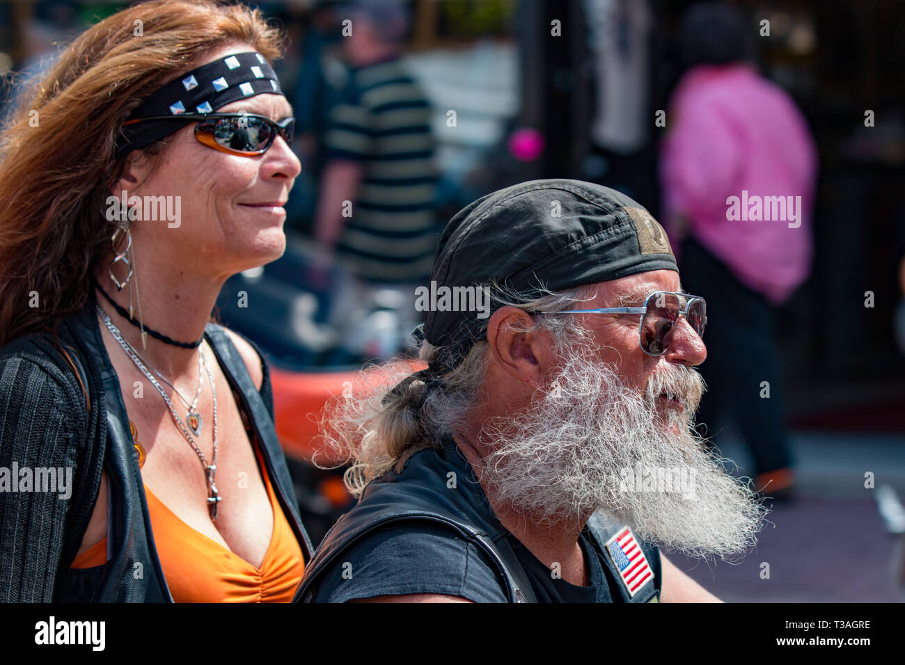 Daytona Beach, FL - 12 March 2016: Bearded bikers participating in the 75th Annual Bike Week at the World's Most Famous Beach. Stock Photo