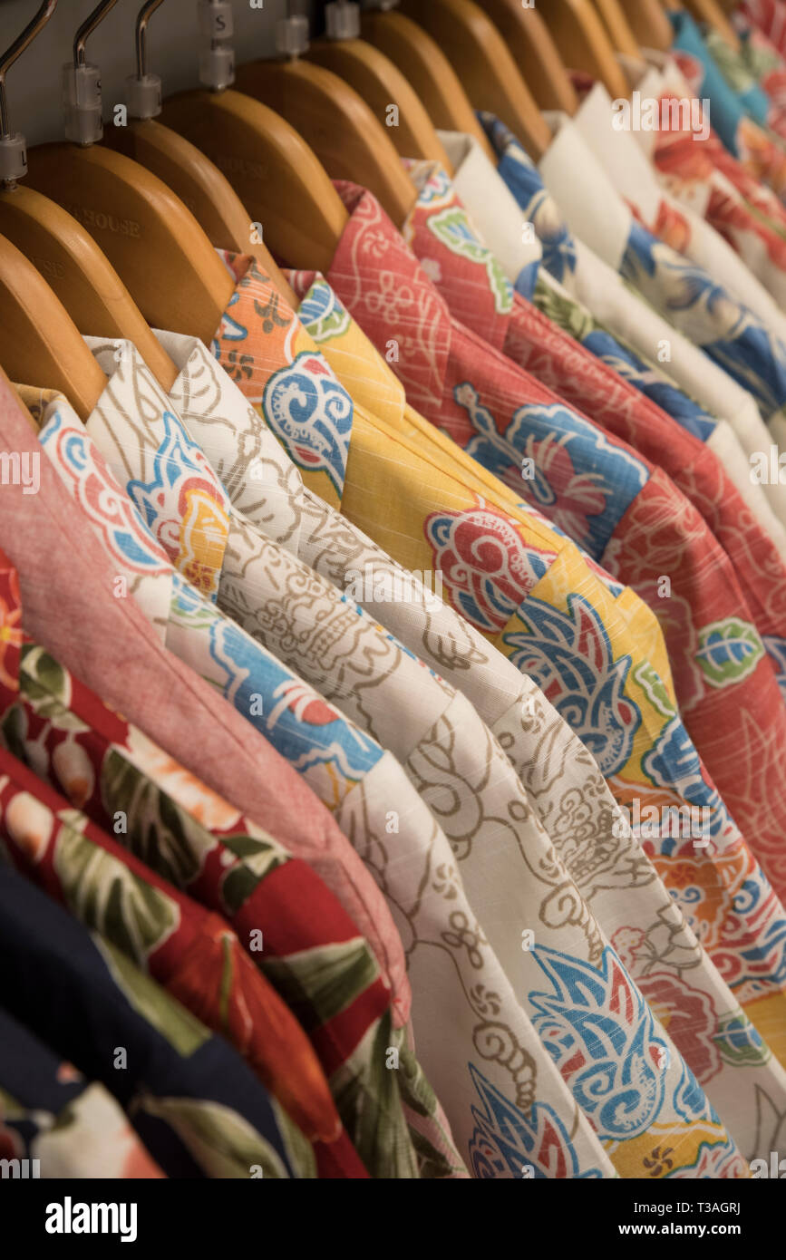 Kariyushi shirts at Mango House store on Kokusai Street in Naha City, Okinawa, Japan Stock Photo