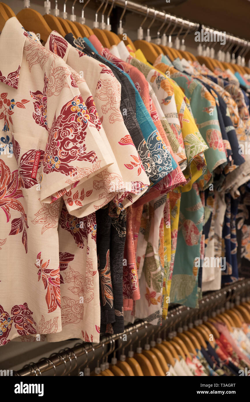 Kariyushi shirts at Mango House store on Kokusai Street in Naha City, Okinawa, Japan Stock Photo