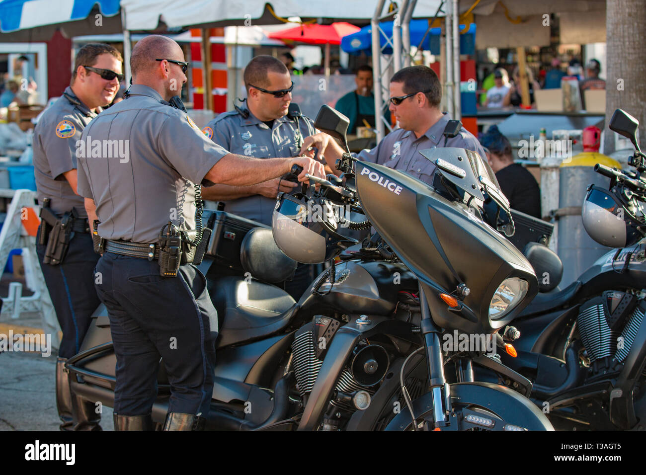 Daytona Beach, FL - 12 March 2016: Daytona Beach motorcycle police officers at the 75th Annual Bike Week at the World's Most Famous Beach. Stock Photo