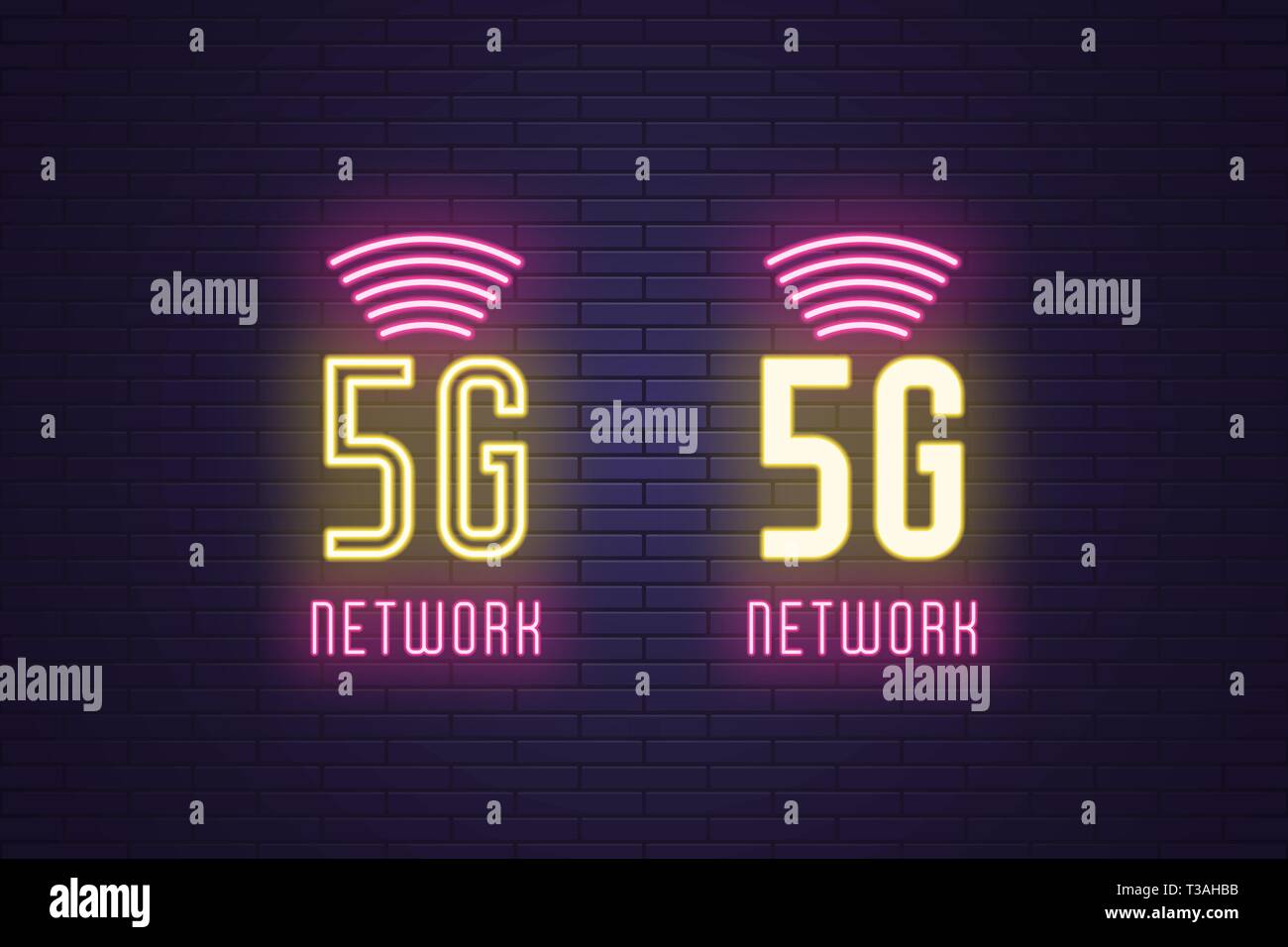 Neon composition set of 5G network mobile technology. Vector illustration of wireless 5G