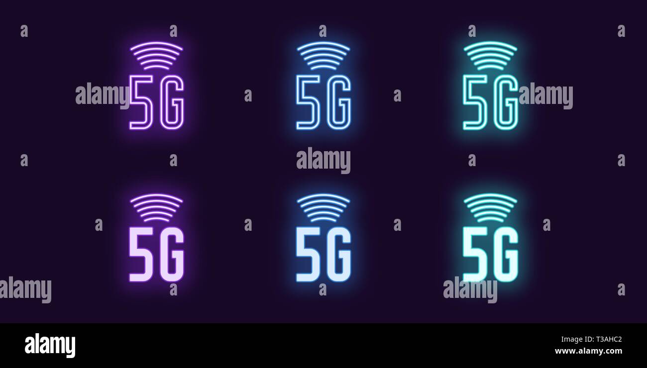 Neon icon set of 5G network mobile technology. Vector illustration of ...