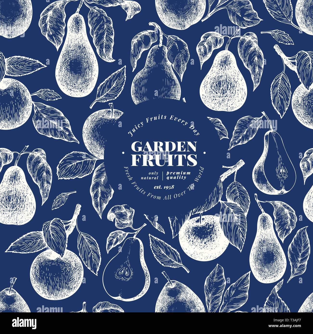 Pears and apples seamless pattern. Hand drawn vector garden fruit ...